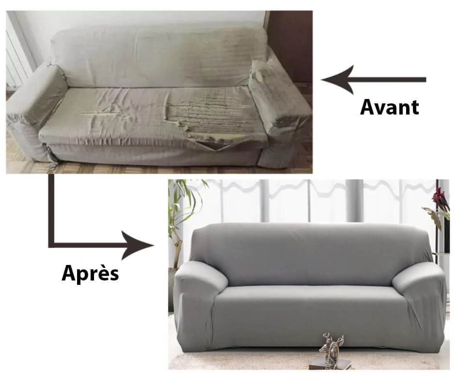 Comparaison avant et après avec une housse de canapé extensible